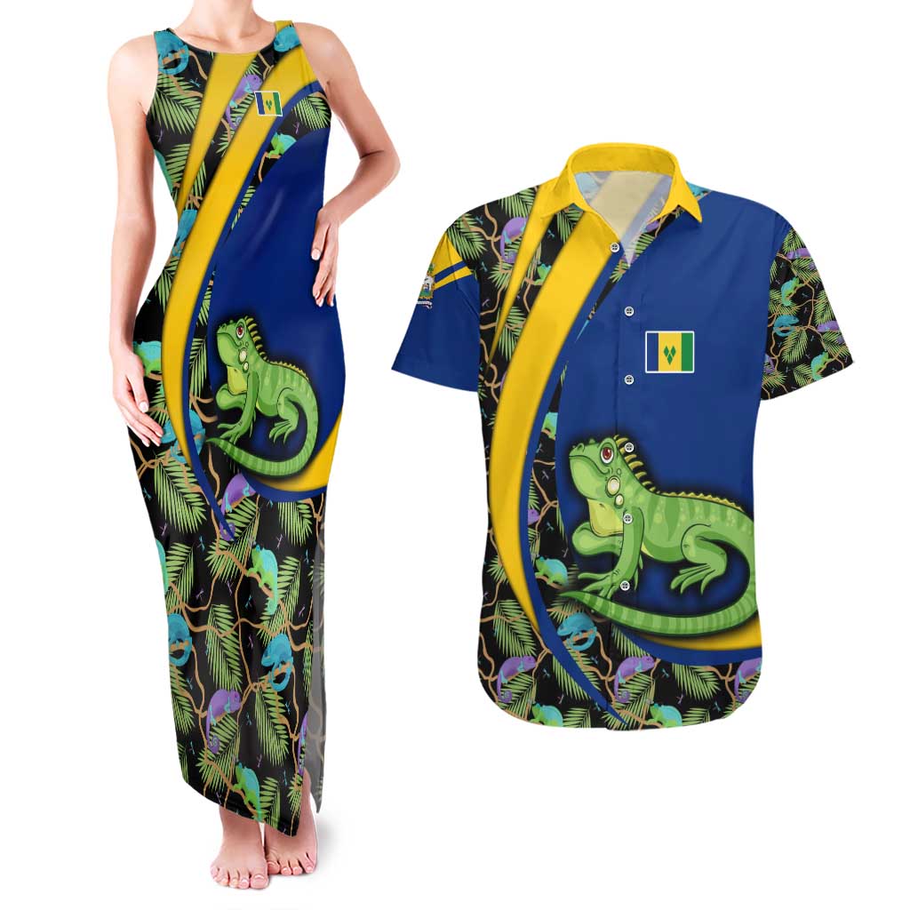 Saint Vincent and the Grenadines Iguana Couples Matching Tank Maxi Dress and Hawaiian Shirt with Tropical Leaf Pattern and National Flag - Wonder Print Shop