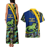 Saint Vincent and the Grenadines Iguana Couples Matching Tank Maxi Dress and Hawaiian Shirt with Tropical Leaf Pattern and National Flag - Wonder Print Shop