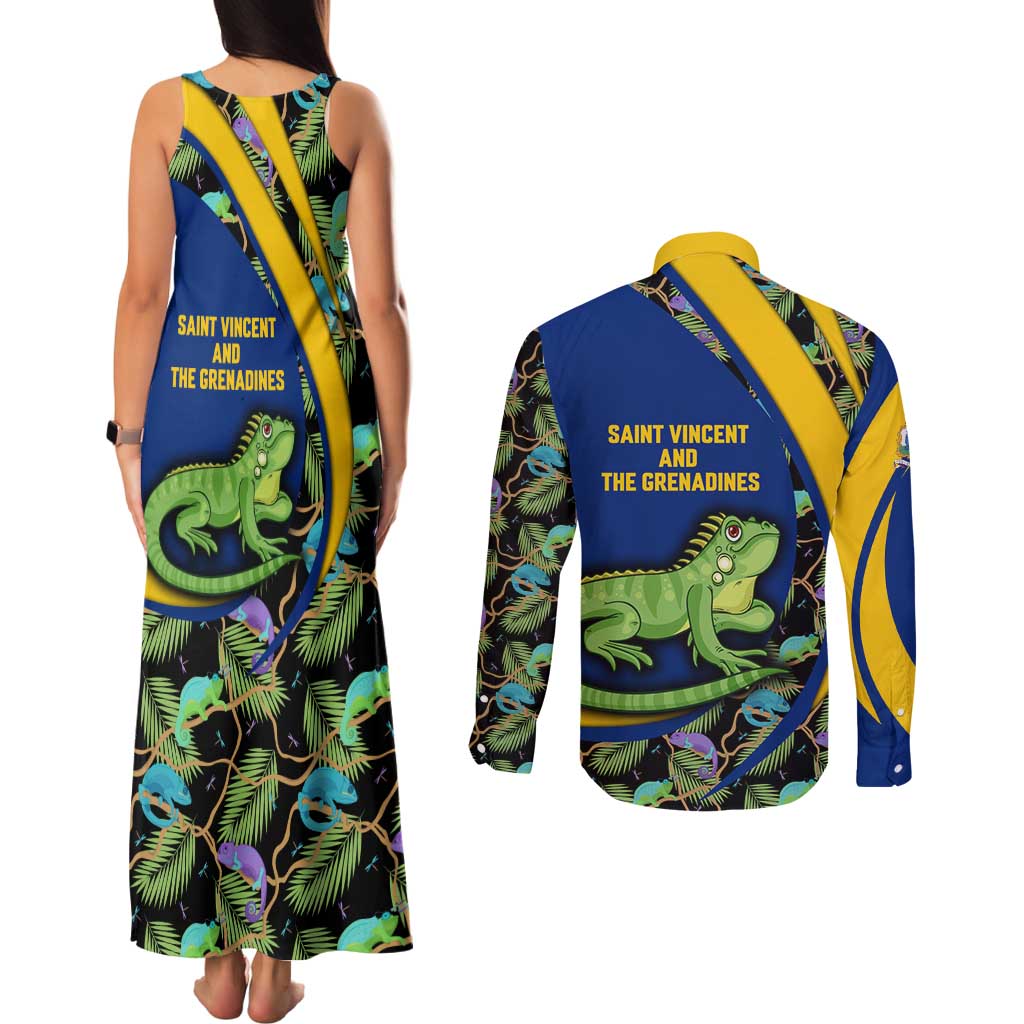 Saint Vincent and the Grenadines Iguana Couples Matching Tank Maxi Dress and Long Sleeve Button Shirt with Tropical Leaf Pattern and National Flag - Wonder Print Shop