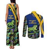Saint Vincent and the Grenadines Iguana Couples Matching Tank Maxi Dress and Long Sleeve Button Shirt with Tropical Leaf Pattern and National Flag - Wonder Print Shop