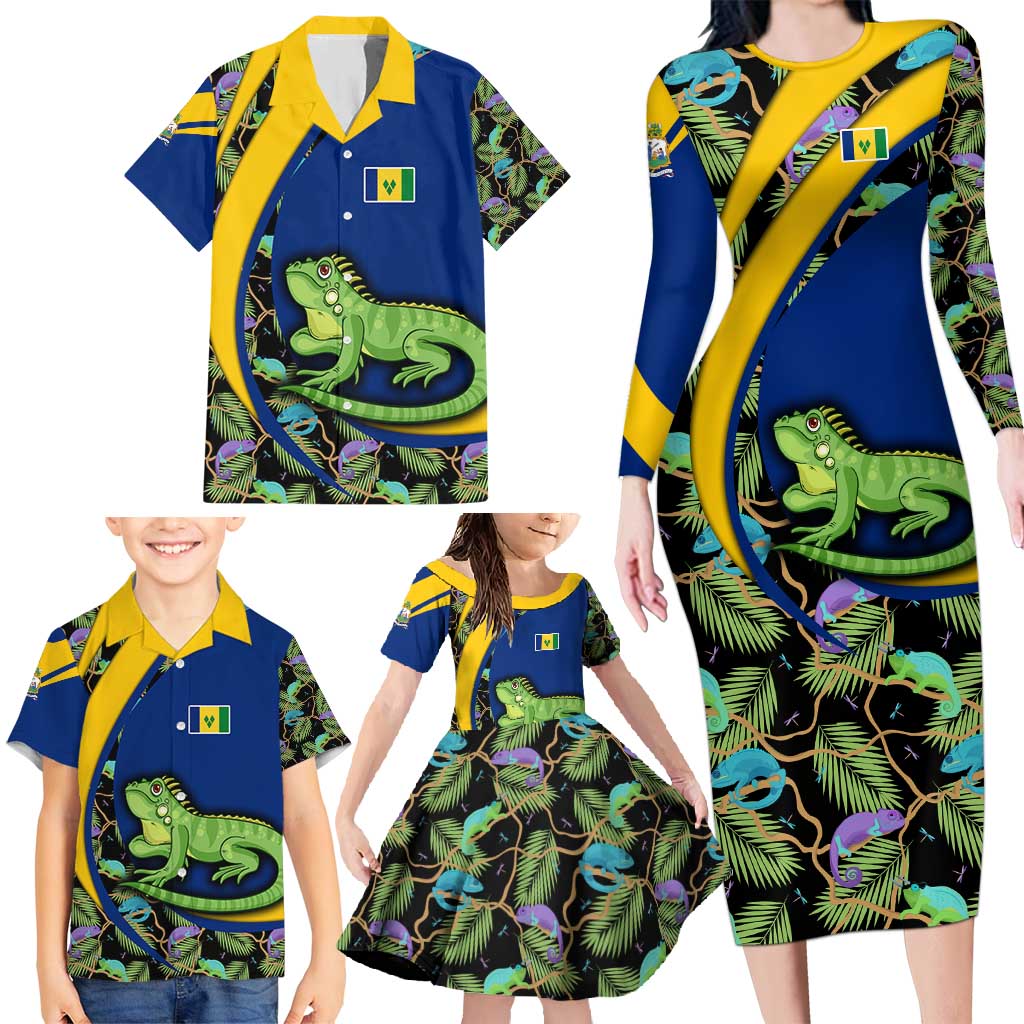 Saint Vincent and the Grenadines Iguana Family Matching Long Sleeve Bodycon Dress and Hawaiian Shirt with Tropical Leaf Pattern and National Flag - Wonder Print Shop