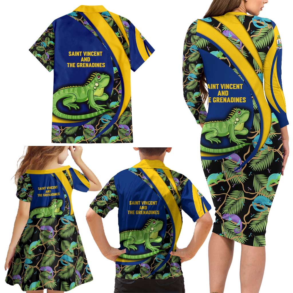 Saint Vincent and the Grenadines Iguana Family Matching Long Sleeve Bodycon Dress and Hawaiian Shirt with Tropical Leaf Pattern and National Flag - Wonder Print Shop