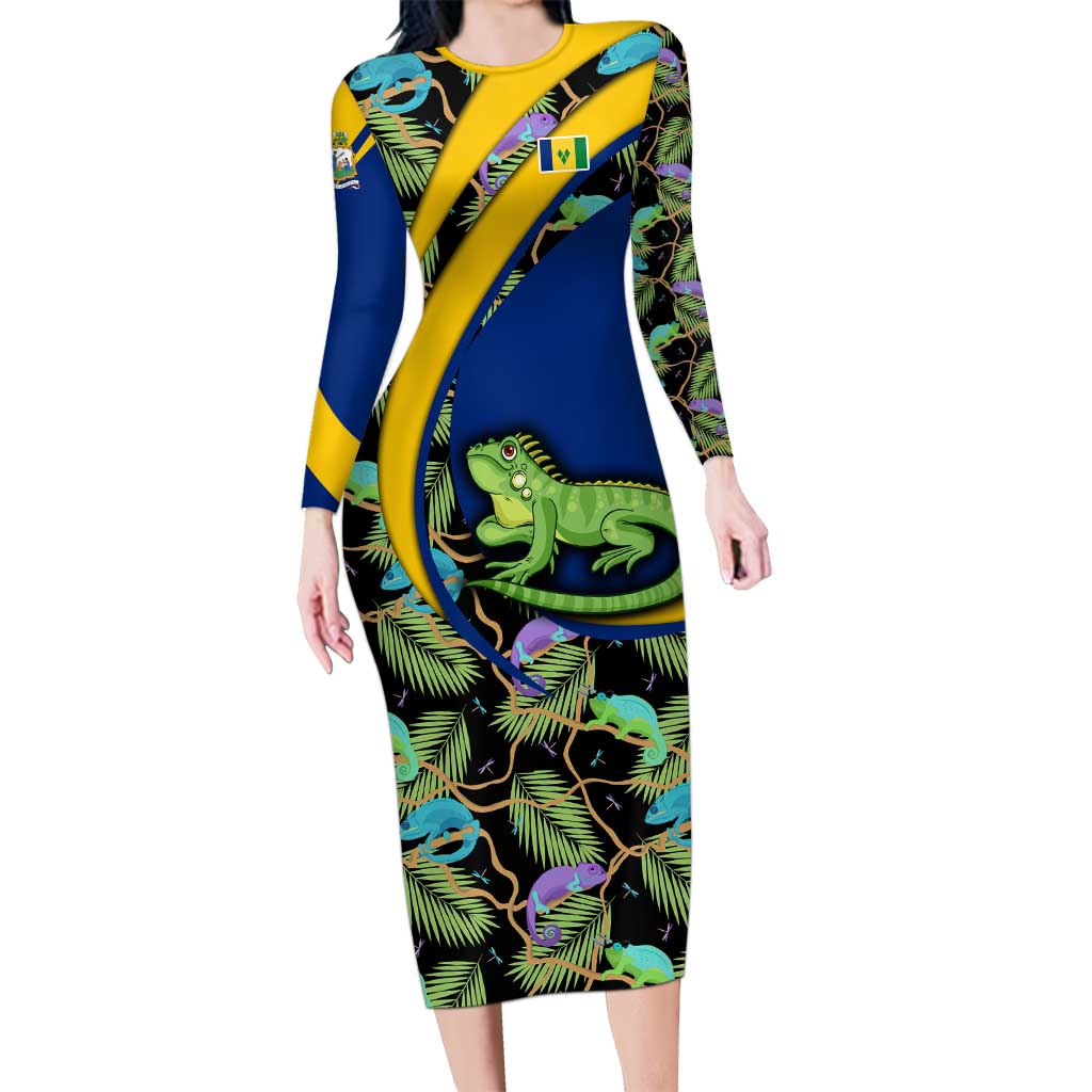 Saint Vincent and the Grenadines Iguana Family Matching Long Sleeve Bodycon Dress and Hawaiian Shirt with Tropical Leaf Pattern and National Flag - Wonder Print Shop
