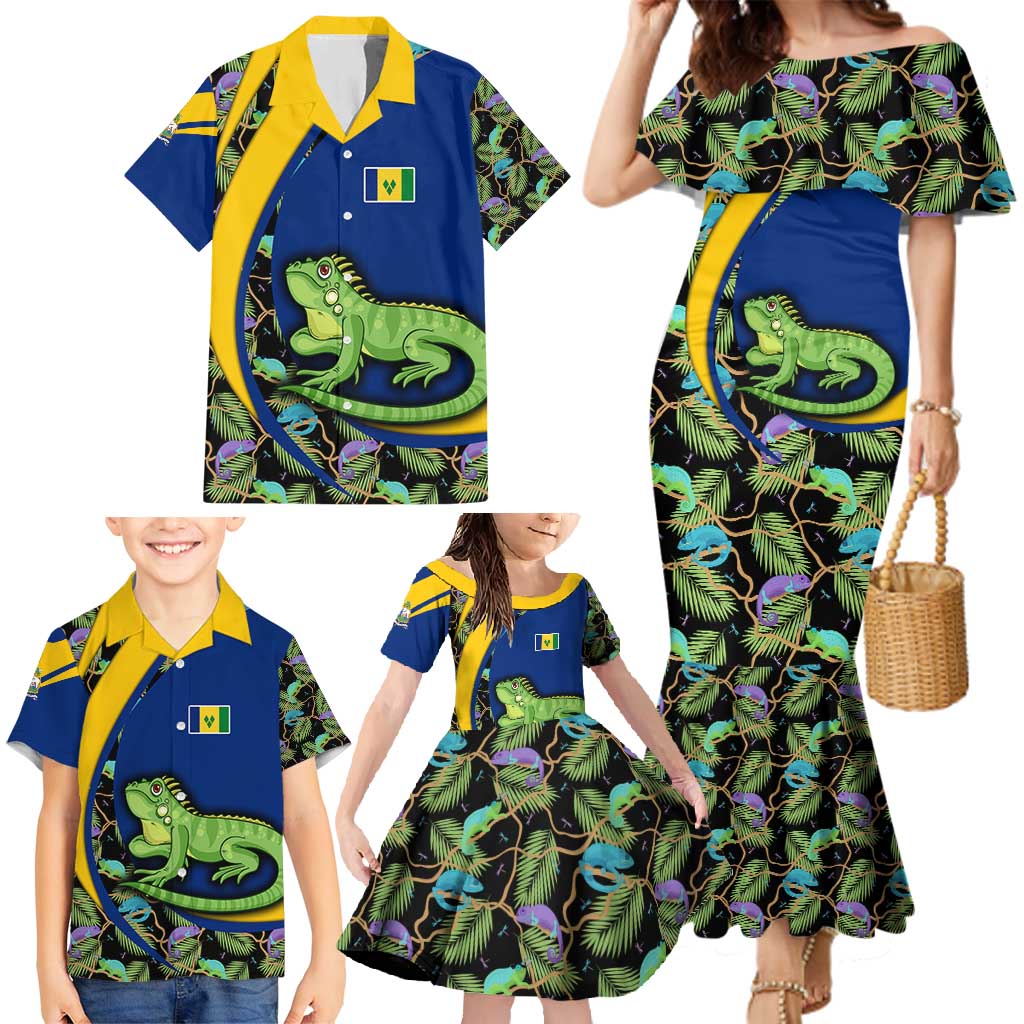 Saint Vincent and the Grenadines Iguana Family Matching Mermaid Dress and Hawaiian Shirt with Tropical Leaf Pattern and National Flag - Wonder Print Shop