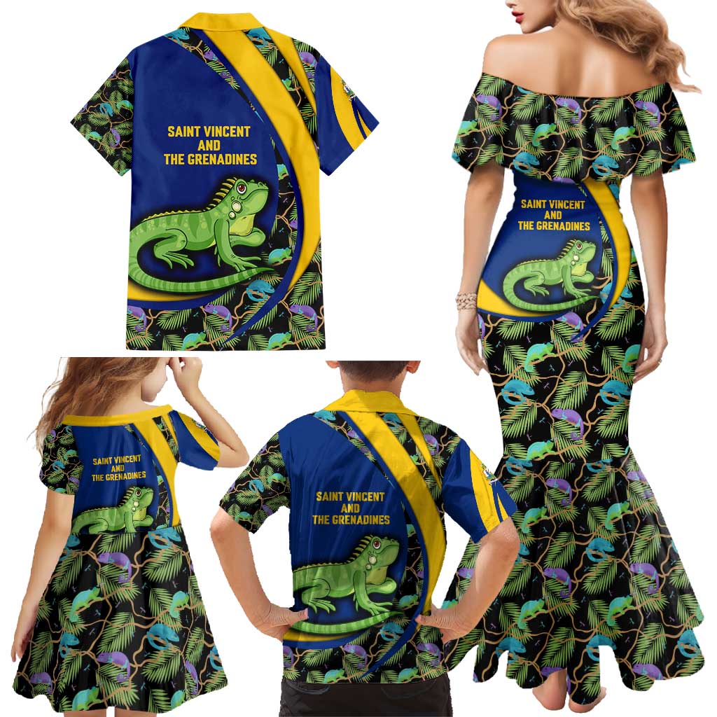 Saint Vincent and the Grenadines Iguana Family Matching Mermaid Dress and Hawaiian Shirt with Tropical Leaf Pattern and National Flag - Wonder Print Shop