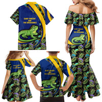 Saint Vincent and the Grenadines Iguana Family Matching Mermaid Dress and Hawaiian Shirt with Tropical Leaf Pattern and National Flag - Wonder Print Shop