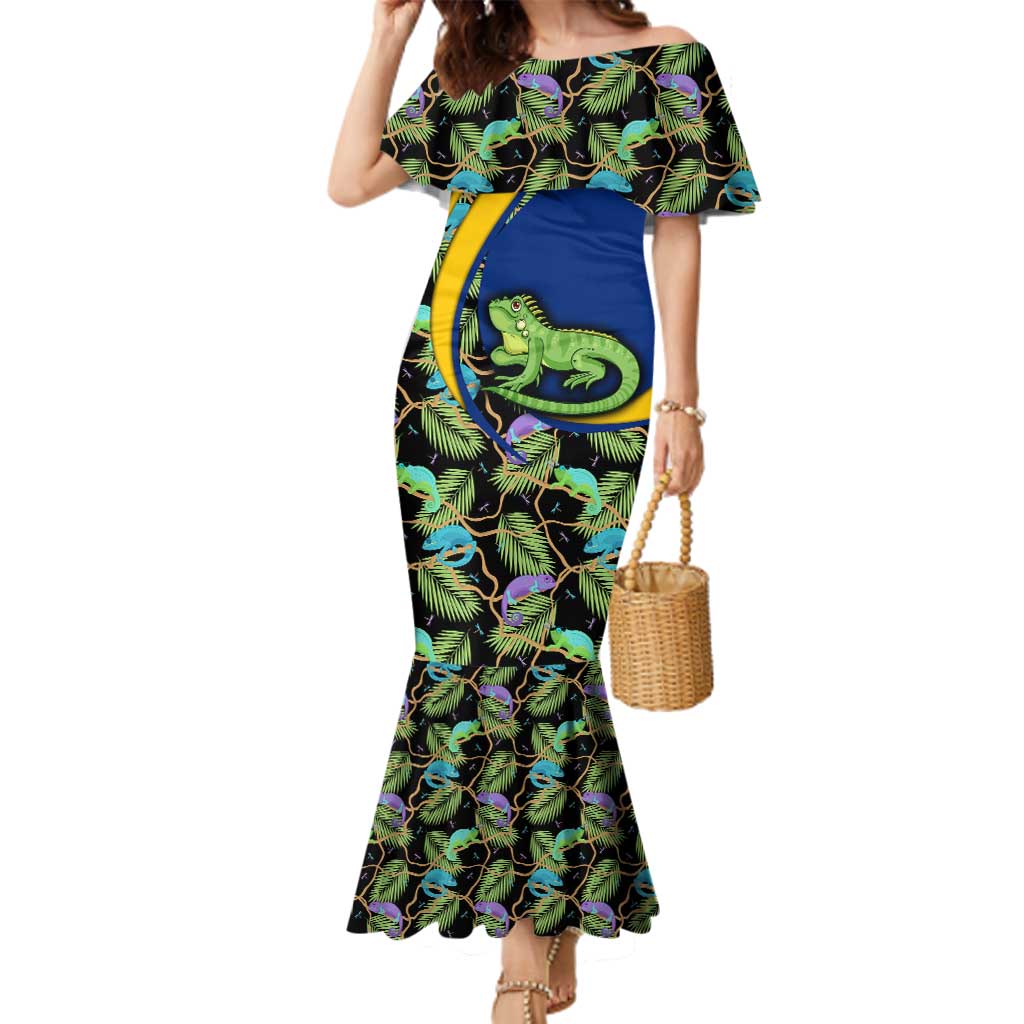 Saint Vincent and the Grenadines Iguana Family Matching Mermaid Dress and Hawaiian Shirt with Tropical Leaf Pattern and National Flag - Wonder Print Shop
