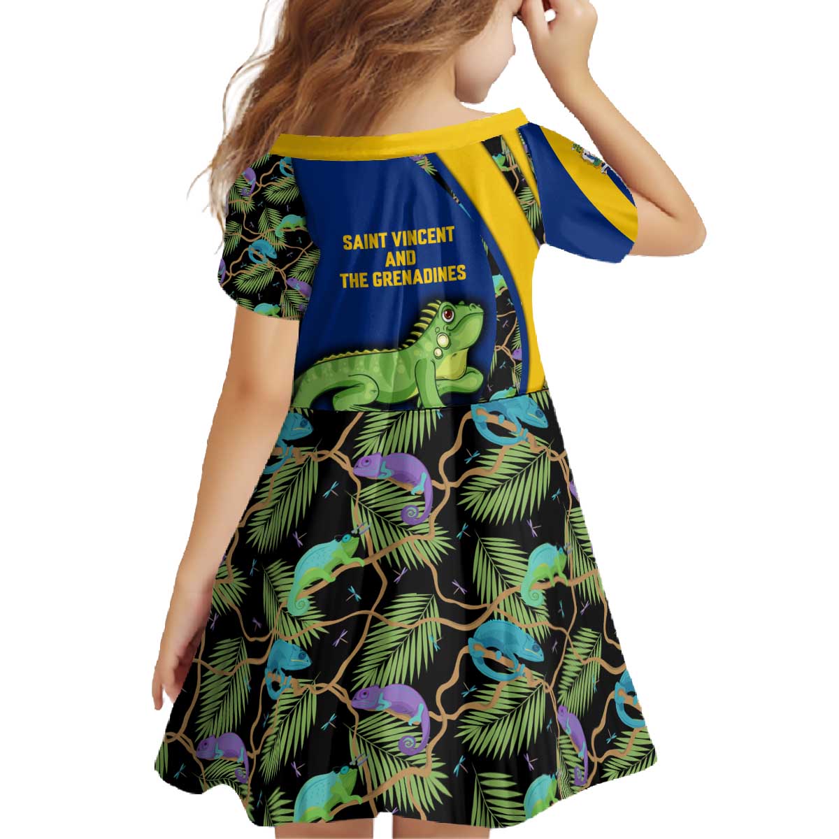 Saint Vincent and the Grenadines Iguana Family Matching Off The Shoulder Long Sleeve Dress and Hawaiian Shirt with Tropical Leaf Pattern and National Flag - Wonder Print Shop