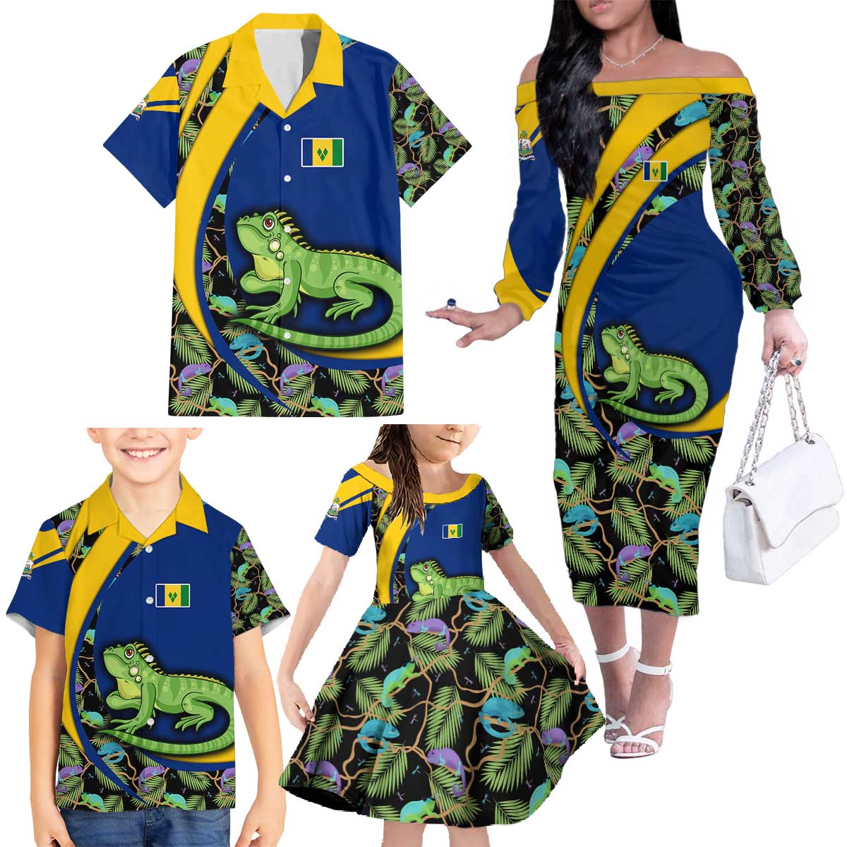 Saint Vincent and the Grenadines Iguana Family Matching Off The Shoulder Long Sleeve Dress and Hawaiian Shirt with Tropical Leaf Pattern and National Flag - Wonder Print Shop