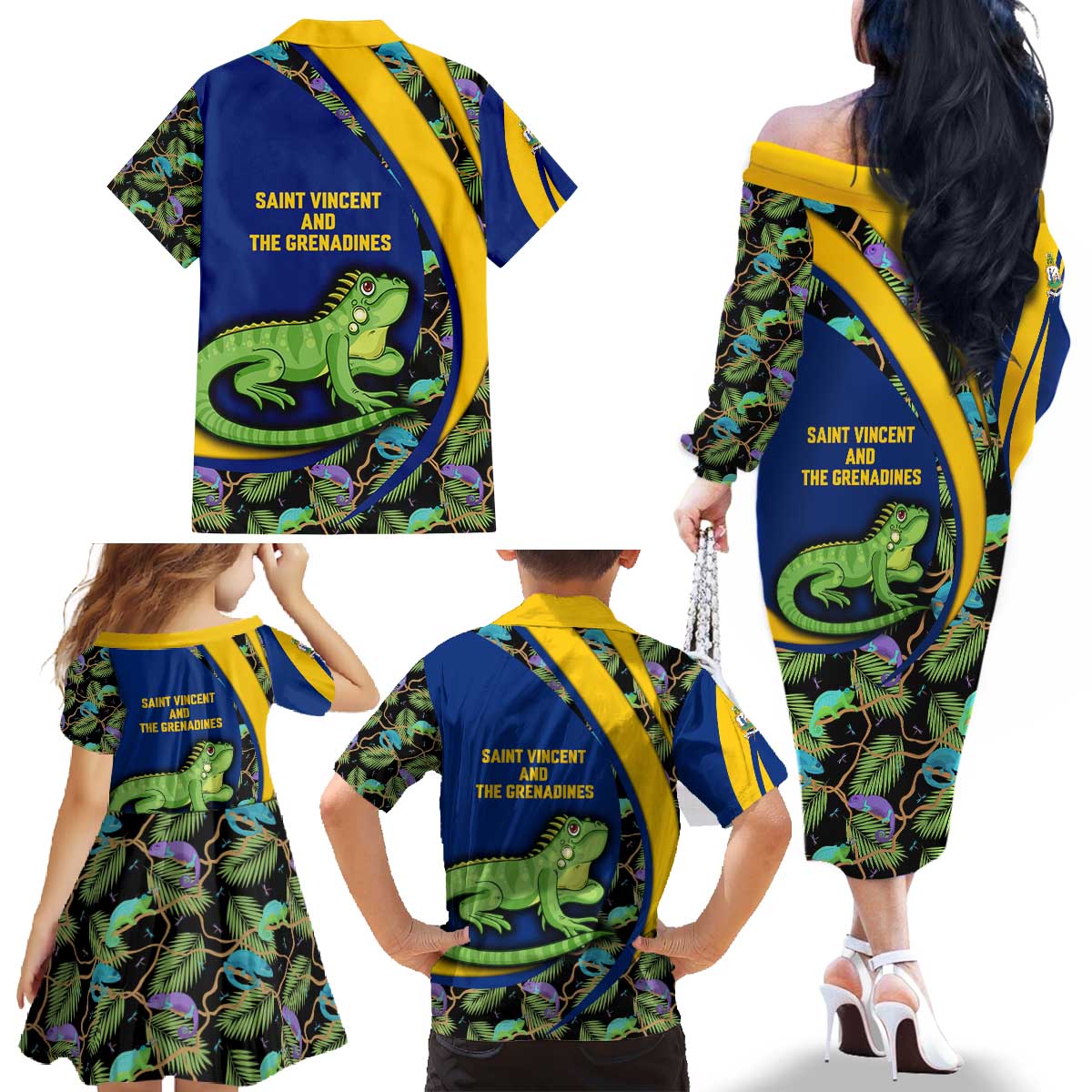 Saint Vincent and the Grenadines Iguana Family Matching Off The Shoulder Long Sleeve Dress and Hawaiian Shirt with Tropical Leaf Pattern and National Flag - Wonder Print Shop