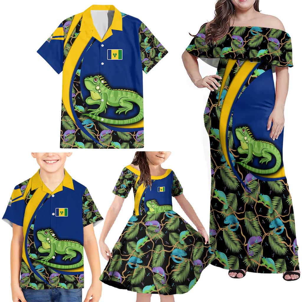 Saint Vincent and the Grenadines Iguana Family Matching Off Shoulder Maxi Dress and Hawaiian Shirt with Tropical Leaf Pattern and National Flag - Wonder Print Shop