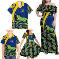 Saint Vincent and the Grenadines Iguana Family Matching Off Shoulder Maxi Dress and Hawaiian Shirt with Tropical Leaf Pattern and National Flag - Wonder Print Shop