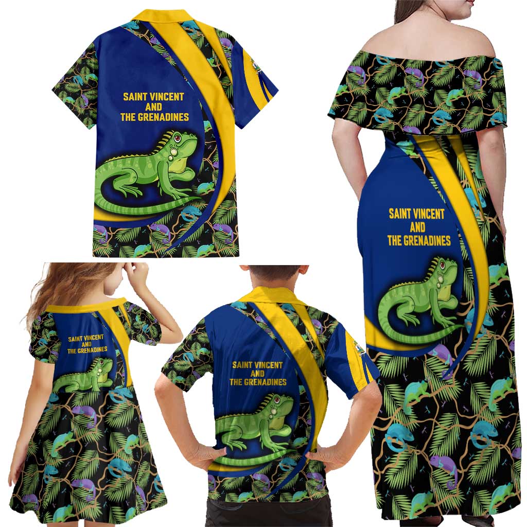 Saint Vincent and the Grenadines Iguana Family Matching Off Shoulder Maxi Dress and Hawaiian Shirt with Tropical Leaf Pattern and National Flag - Wonder Print Shop