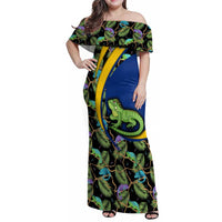 Saint Vincent and the Grenadines Iguana Family Matching Off Shoulder Maxi Dress and Hawaiian Shirt with Tropical Leaf Pattern and National Flag - Wonder Print Shop