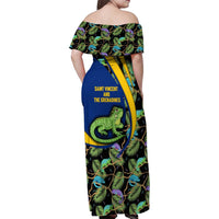 Saint Vincent and the Grenadines Iguana Family Matching Off Shoulder Maxi Dress and Hawaiian Shirt with Tropical Leaf Pattern and National Flag - Wonder Print Shop