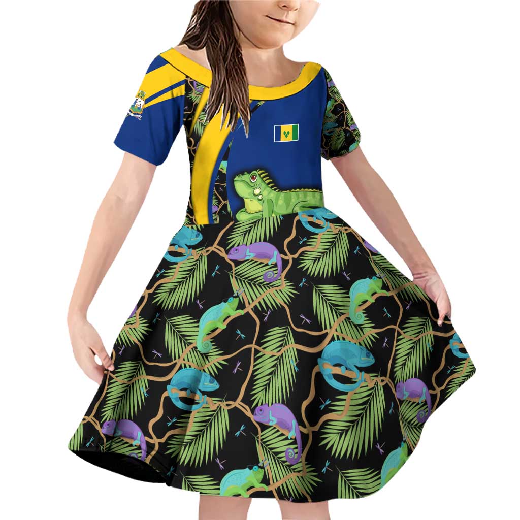 Saint Vincent and the Grenadines Iguana Family Matching Off Shoulder Short Dress and Hawaiian Shirt with Tropical Leaf Pattern and National Flag - Wonder Print Shop