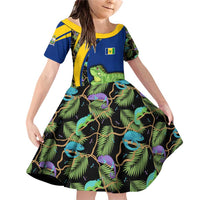 Saint Vincent and the Grenadines Iguana Family Matching Off Shoulder Short Dress and Hawaiian Shirt with Tropical Leaf Pattern and National Flag - Wonder Print Shop