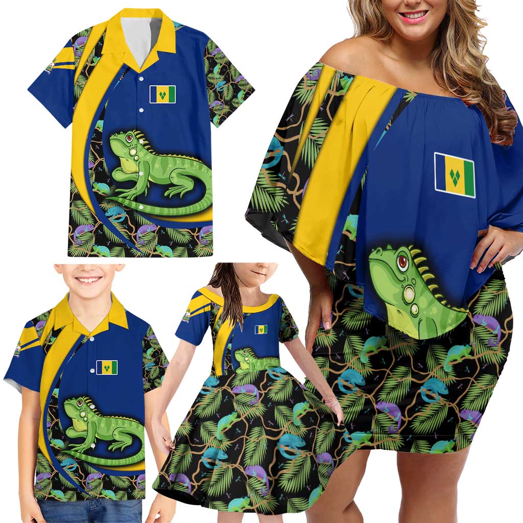 Saint Vincent and the Grenadines Iguana Family Matching Off Shoulder Short Dress and Hawaiian Shirt with Tropical Leaf Pattern and National Flag - Wonder Print Shop