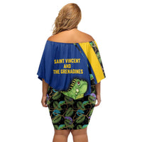 Saint Vincent and the Grenadines Iguana Family Matching Off Shoulder Short Dress and Hawaiian Shirt with Tropical Leaf Pattern and National Flag - Wonder Print Shop