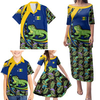 Saint Vincent and the Grenadines Iguana Family Matching Puletasi and Hawaiian Shirt with Tropical Leaf Pattern and National Flag - Wonder Print Shop
