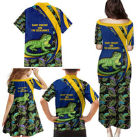 Saint Vincent and the Grenadines Iguana Family Matching Puletasi and Hawaiian Shirt with Tropical Leaf Pattern and National Flag - Wonder Print Shop