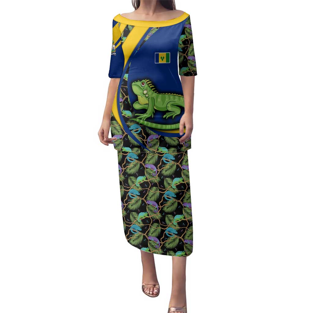 Saint Vincent and the Grenadines Iguana Family Matching Puletasi and Hawaiian Shirt with Tropical Leaf Pattern and National Flag - Wonder Print Shop