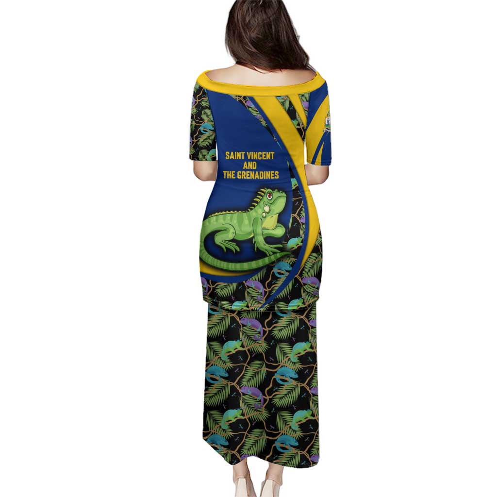 Saint Vincent and the Grenadines Iguana Family Matching Puletasi and Hawaiian Shirt with Tropical Leaf Pattern and National Flag - Wonder Print Shop