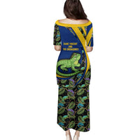 Saint Vincent and the Grenadines Iguana Family Matching Puletasi and Hawaiian Shirt with Tropical Leaf Pattern and National Flag - Wonder Print Shop