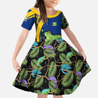 Saint Vincent and the Grenadines Iguana Family Matching Short Sleeve Bodycon Dress and Hawaiian Shirt with Tropical Leaf Pattern and National Flag - Wonder Print Shop