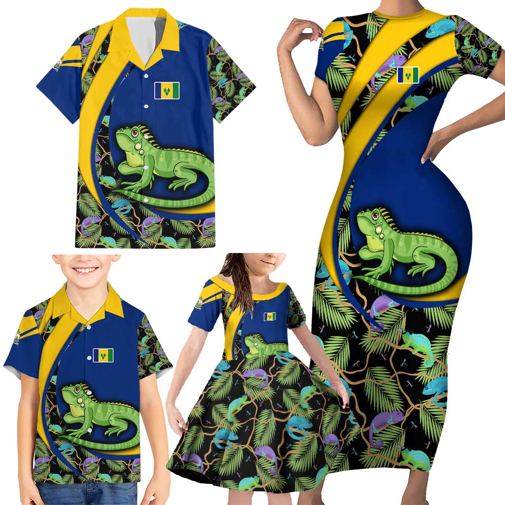 Saint Vincent and the Grenadines Iguana Family Matching Short Sleeve Bodycon Dress and Hawaiian Shirt with Tropical Leaf Pattern and National Flag - Wonder Print Shop