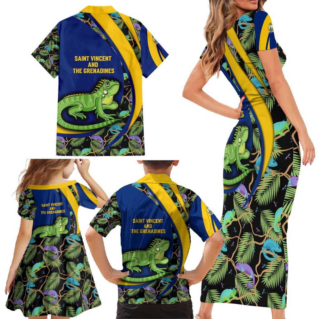 Saint Vincent and the Grenadines Iguana Family Matching Short Sleeve Bodycon Dress and Hawaiian Shirt with Tropical Leaf Pattern and National Flag - Wonder Print Shop