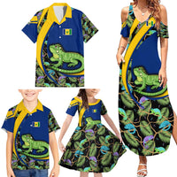 Saint Vincent and the Grenadines Iguana Family Matching Summer Maxi Dress and Hawaiian Shirt with Tropical Leaf Pattern and National Flag - Wonder Print Shop
