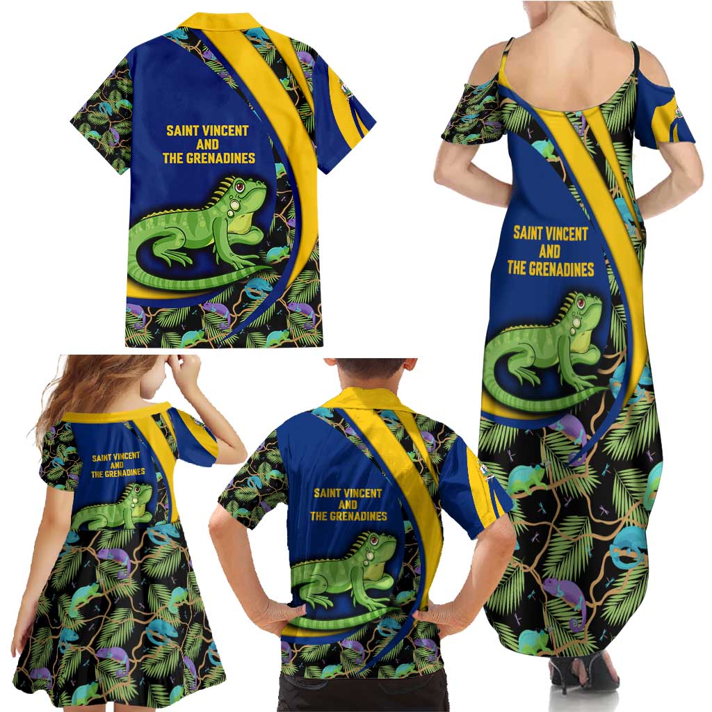 Saint Vincent and the Grenadines Iguana Family Matching Summer Maxi Dress and Hawaiian Shirt with Tropical Leaf Pattern and National Flag - Wonder Print Shop
