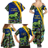 Saint Vincent and the Grenadines Iguana Family Matching Summer Maxi Dress and Hawaiian Shirt with Tropical Leaf Pattern and National Flag - Wonder Print Shop