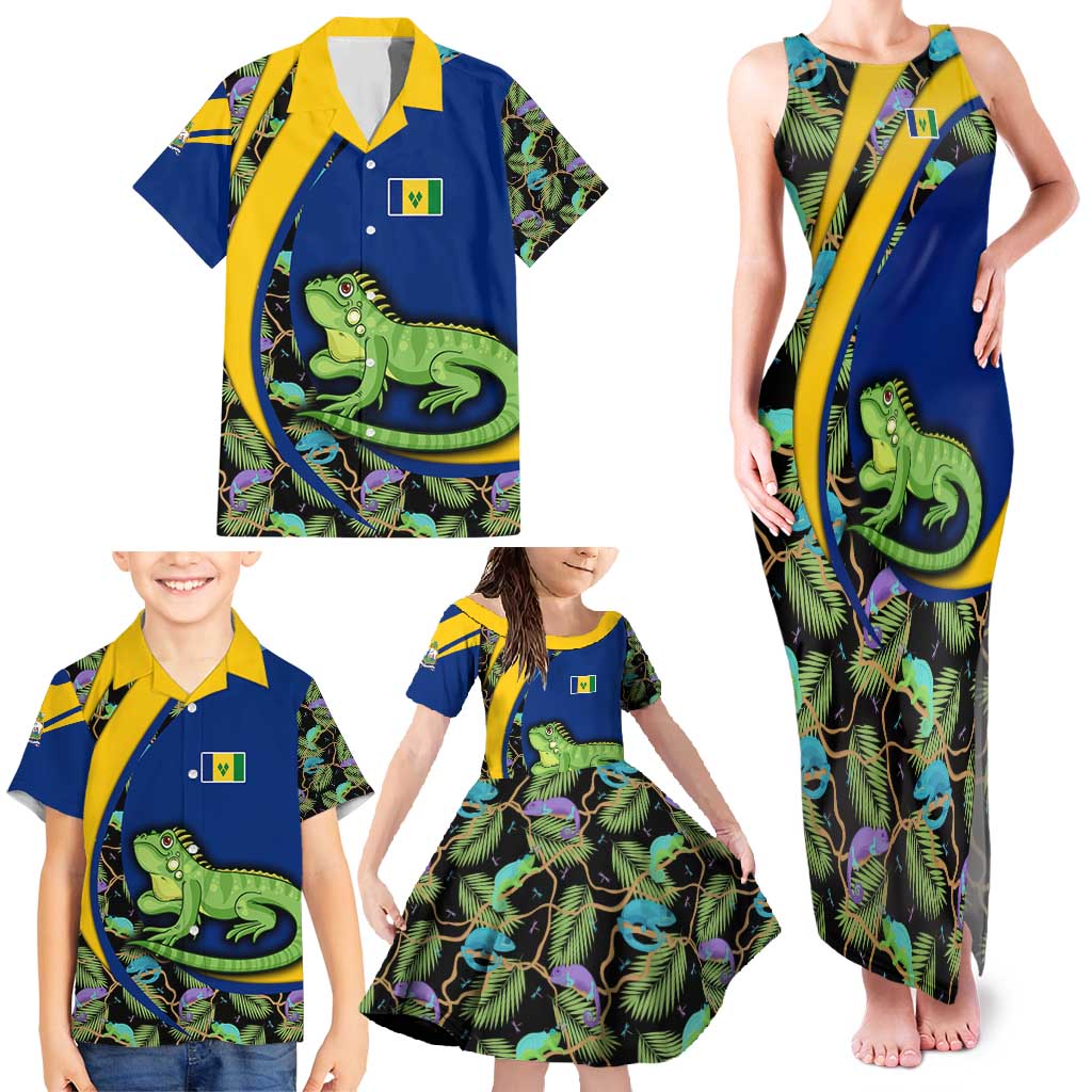 Saint Vincent and the Grenadines Iguana Family Matching Tank Maxi Dress and Hawaiian Shirt with Tropical Leaf Pattern and National Flag - Wonder Print Shop