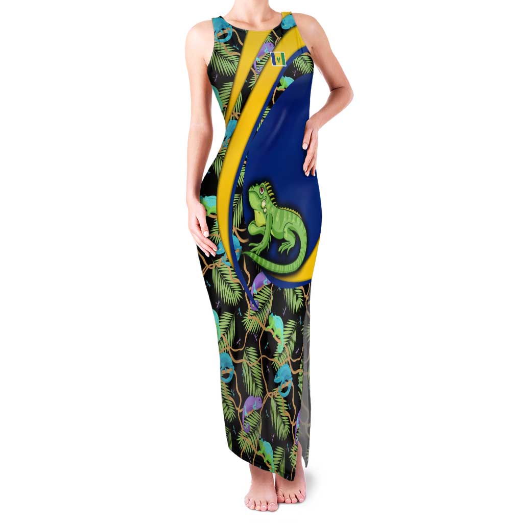 Saint Vincent and the Grenadines Iguana Family Matching Tank Maxi Dress and Hawaiian Shirt with Tropical Leaf Pattern and National Flag - Wonder Print Shop