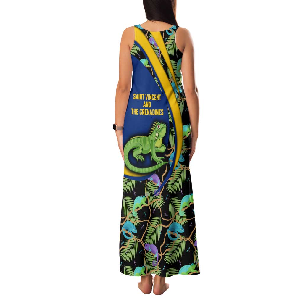 Saint Vincent and the Grenadines Iguana Family Matching Tank Maxi Dress and Hawaiian Shirt with Tropical Leaf Pattern and National Flag - Wonder Print Shop