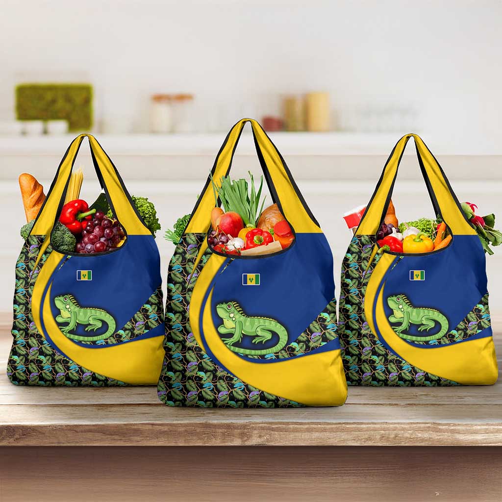 Saint Vincent and the Grenadines Iguana Grocery Bag with Tropical Leaf Pattern and National Flag - Wonder Print Shop