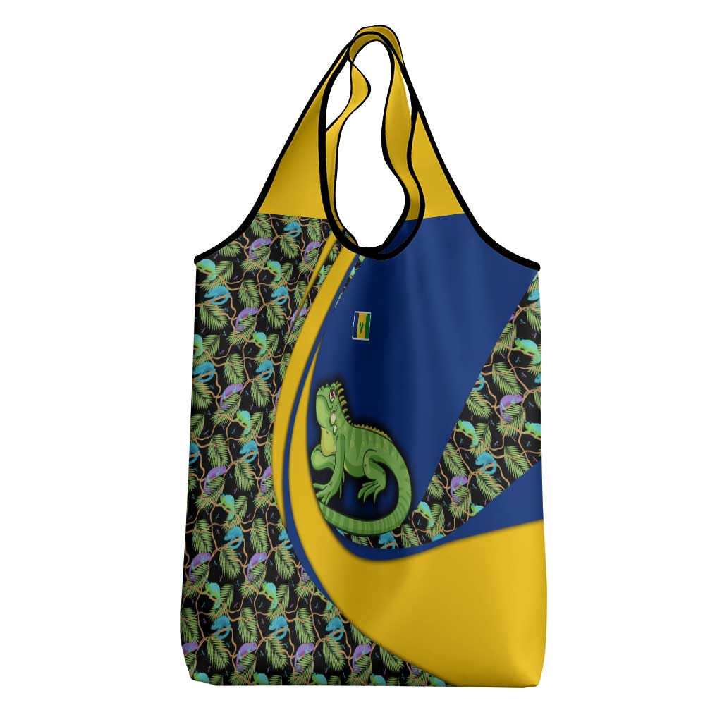 Saint Vincent and the Grenadines Iguana Grocery Bag with Tropical Leaf Pattern and National Flag - Wonder Print Shop