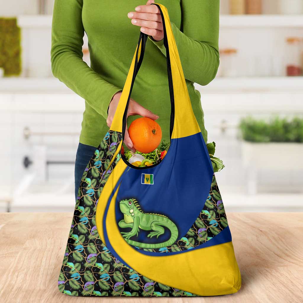 Saint Vincent and the Grenadines Iguana Grocery Bag with Tropical Leaf Pattern and National Flag - Wonder Print Shop