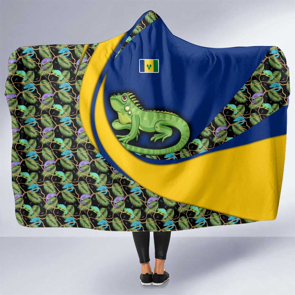 Saint Vincent and the Grenadines Iguana Hooded Blanket with Tropical Leaf Pattern and National Flag - Wonder Print Shop