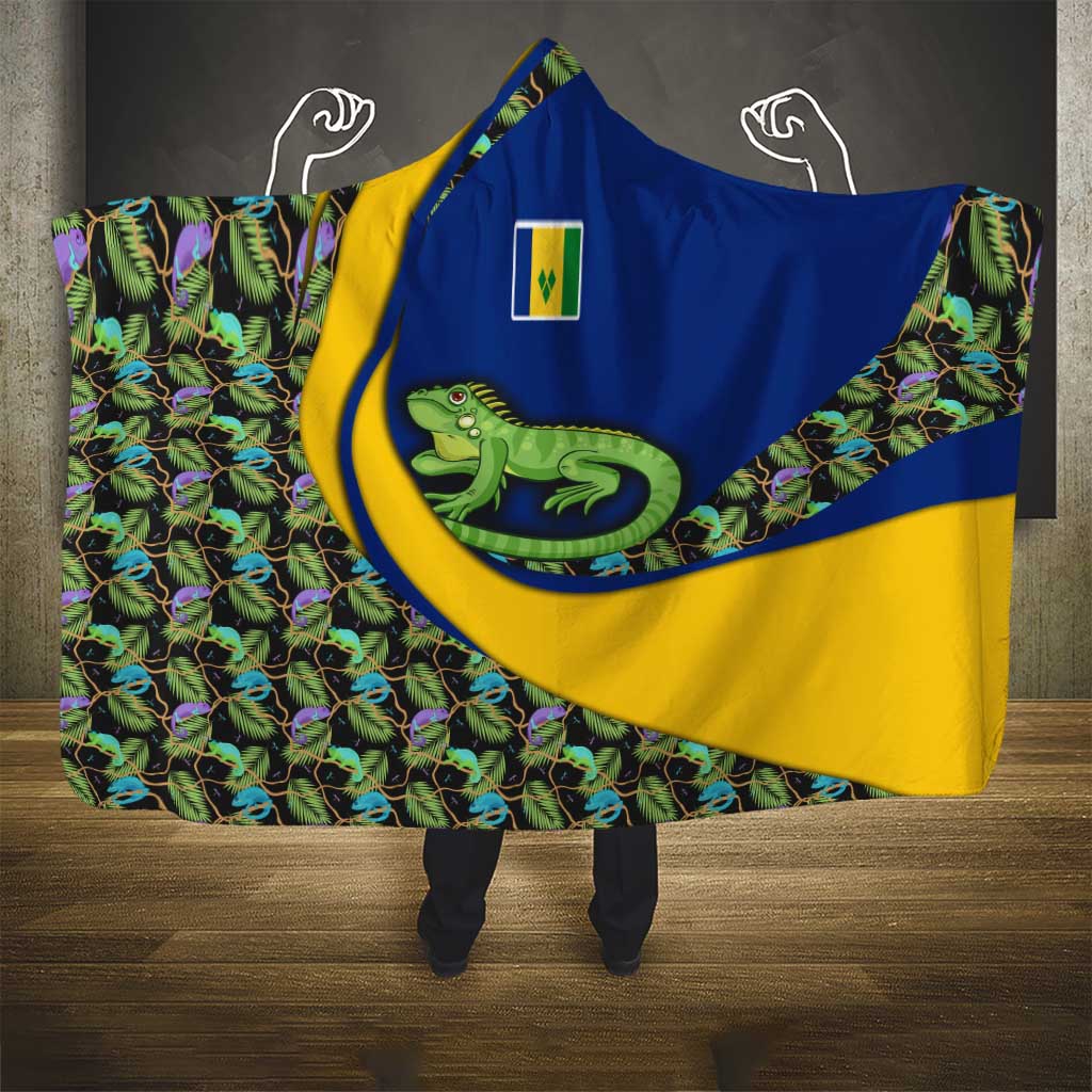 Saint Vincent and the Grenadines Iguana Hooded Blanket with Tropical Leaf Pattern and National Flag - Wonder Print Shop