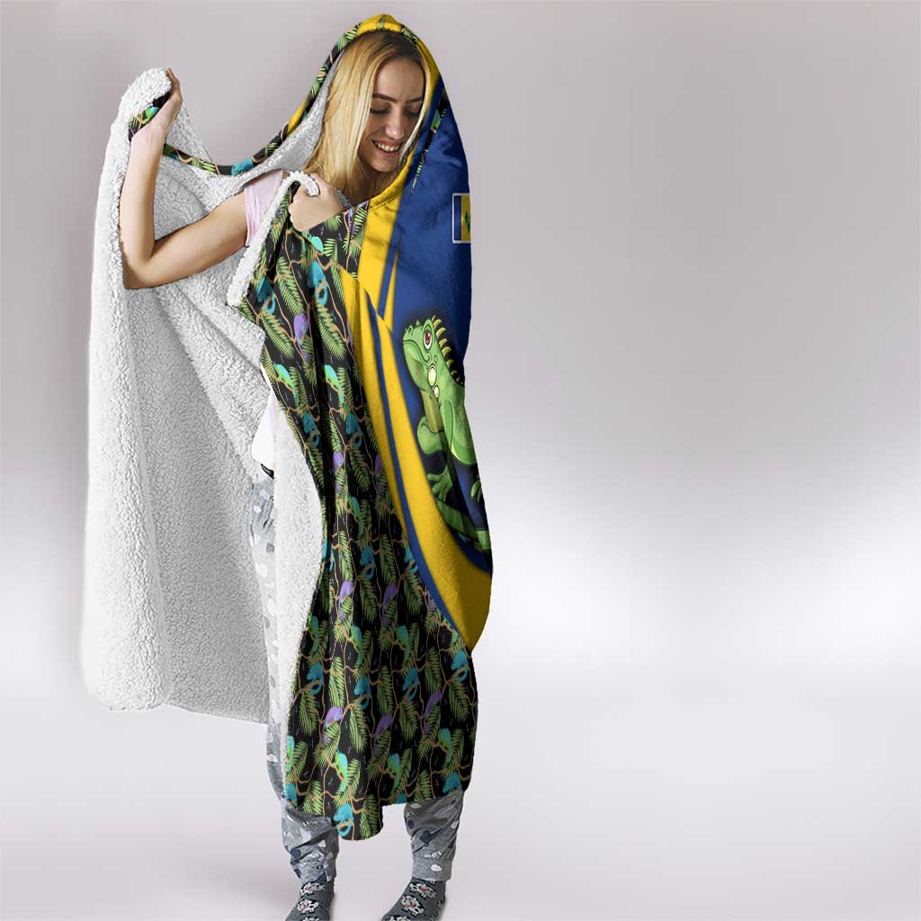 Saint Vincent and the Grenadines Iguana Hooded Blanket with Tropical Leaf Pattern and National Flag - Wonder Print Shop