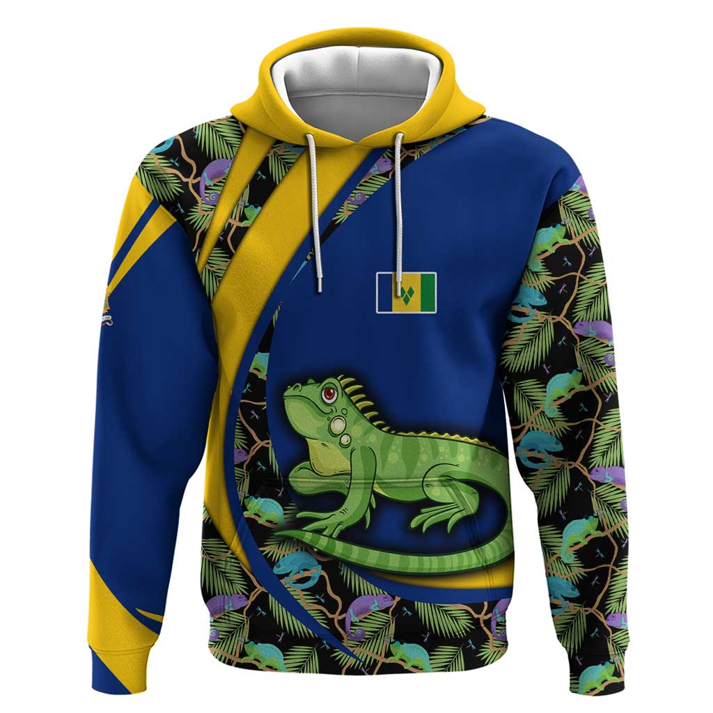 Saint Vincent and the Grenadines Iguana Hoodie with Tropical Leaf Pattern and National Flag - Wonder Print Shop