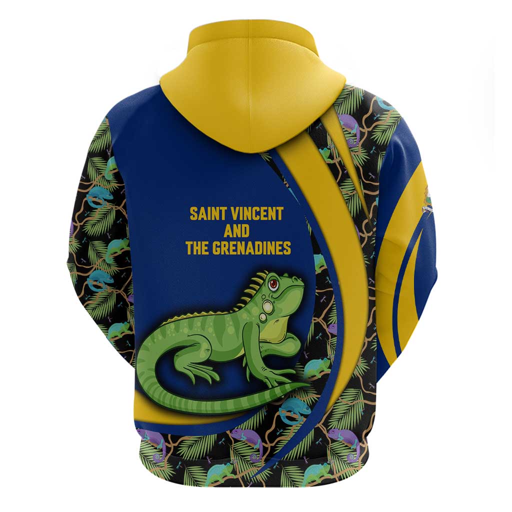 Saint Vincent and the Grenadines Iguana Hoodie with Tropical Leaf Pattern and National Flag - Wonder Print Shop