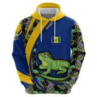 Saint Vincent and the Grenadines Iguana Hoodie with Tropical Leaf Pattern and National Flag - Wonder Print Shop