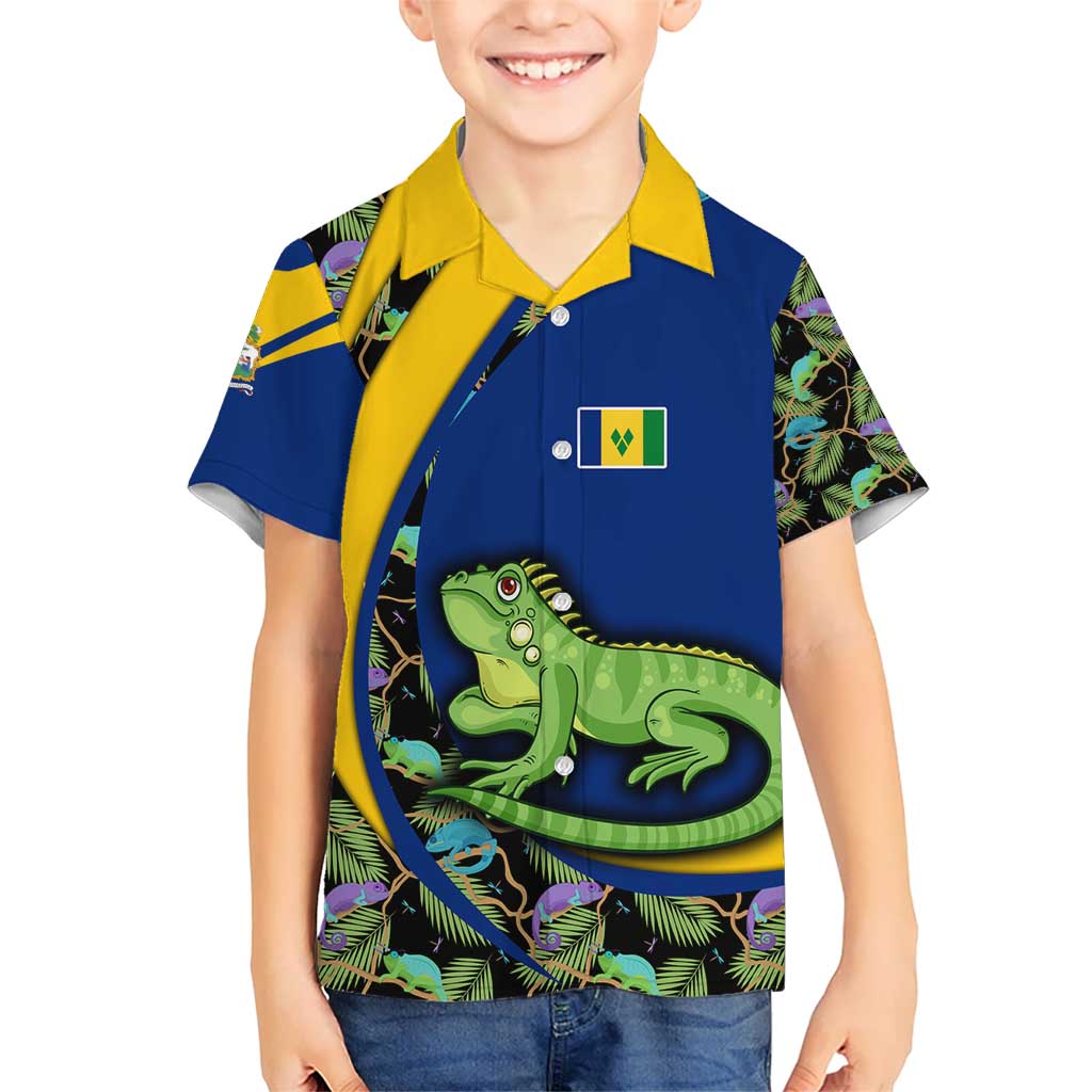 Saint Vincent and the Grenadines Iguana Kid Hawaiian Shirt with Tropical Leaf Pattern and National Flag - Wonder Print Shop