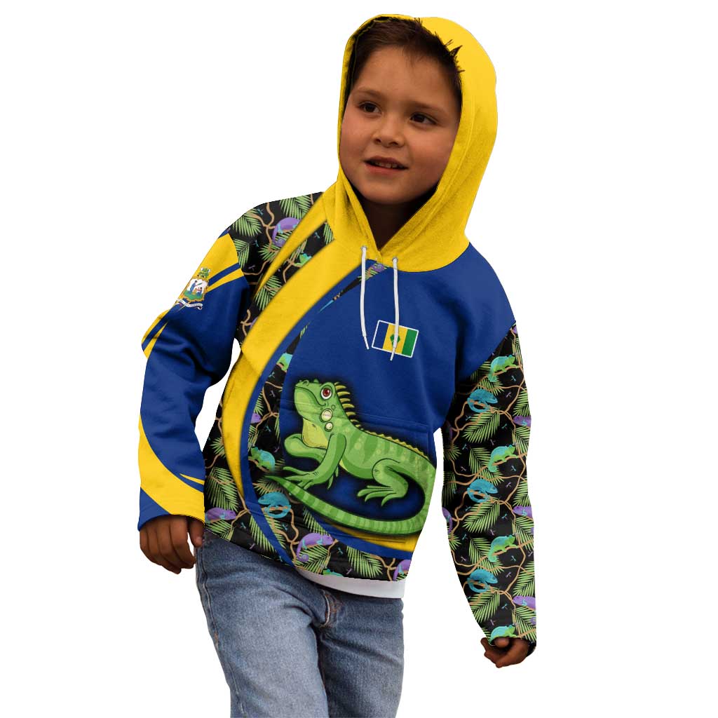 Saint Vincent and the Grenadines Iguana Kid Hoodie with Tropical Leaf Pattern and National Flag - Wonder Print Shop