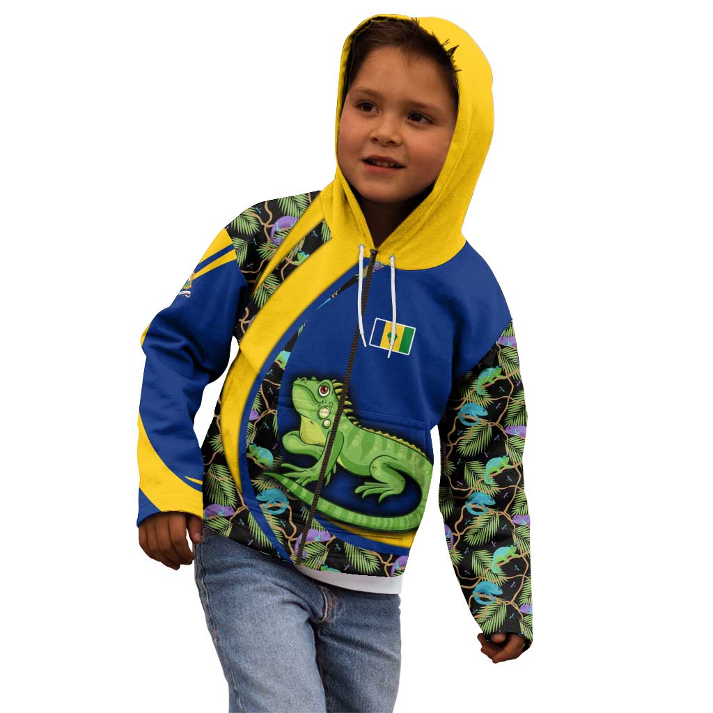 Saint Vincent and the Grenadines Iguana Kid Hoodie with Tropical Leaf Pattern and National Flag - Wonder Print Shop