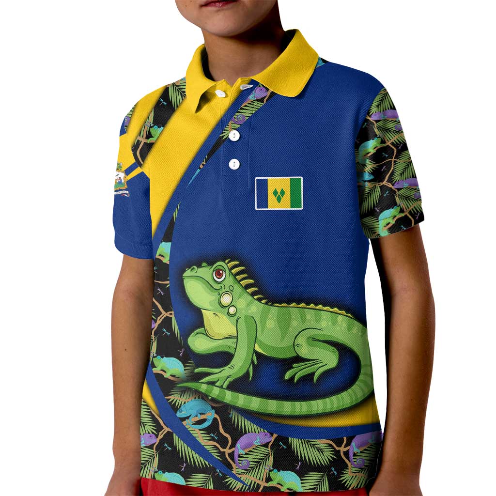Saint Vincent and the Grenadines Iguana Kid Polo Shirt with Tropical Leaf Pattern and National Flag - Wonder Print Shop